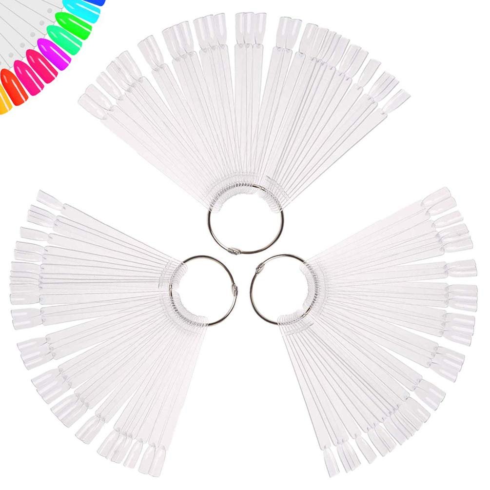 150 Pcs Clear Nail Swatch Sticks with Ring, Fan Shape Nail Art Tips, False Nail Sample Sticks, Nail Practice Color Display, Transparent Board