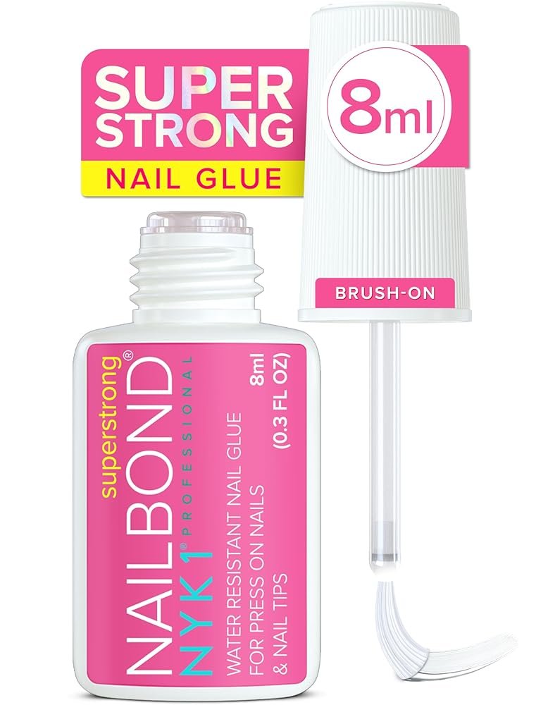 Super Strong Nail Glue for Press On Nails, Nail Tips & Acrylic Nails (8ml) NYK1 NailBond Brush On Glue for Press Ons, Tips & Acrylics - Long Lasting, Maximum Strength, Mess-Free...