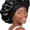 YANIBEST Silk Bonnet for Sleeping Women Satin Bonnet Double Layer Satin Lined Hair Bonnet with Tie Band Curly Hair Black