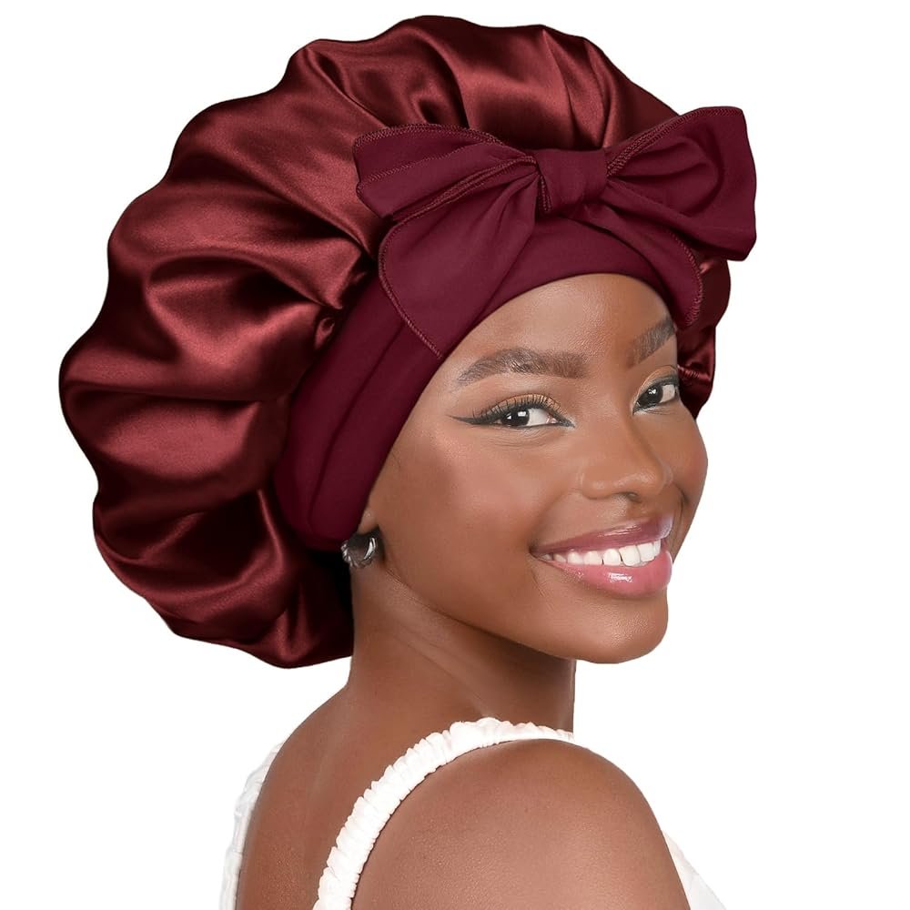 YANIBEST Silk Bonnet for Sleeping Women Satin Bonnet Double Layer Satin Lined Hair Bonnet with Tie Band Curly Hair bonnetband-Burgundy