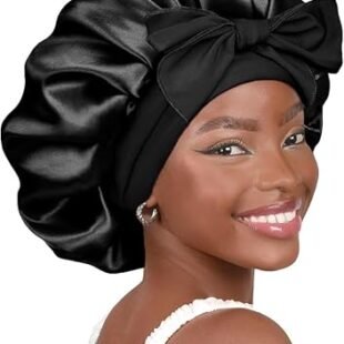 YANIBEST Silk Bonnet for Sleeping Women Satin Bonnet Double Layer Satin Lined Hair Bonnet with Tie Band Curly Hair Black