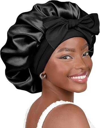 YANIBEST Silk Bonnet for Sleeping Women Satin Bonnet Double Layer Satin Lined Hair Bonnet with Tie Band Curly Hair Black